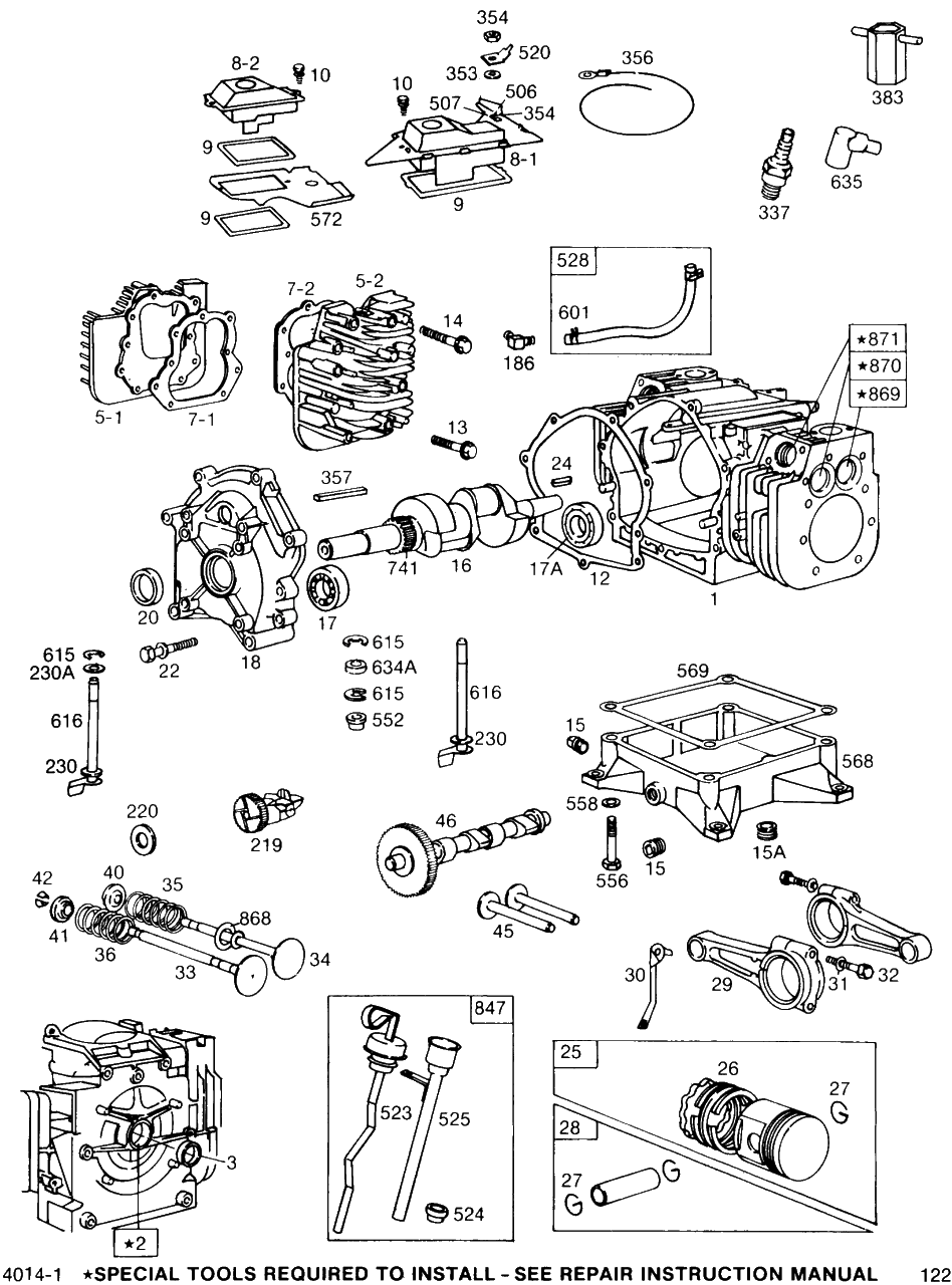 Cylinder,cylinder Heads,sump Diagram and Parts List for 401411-0636-XX  Briggs and Stratton Engine